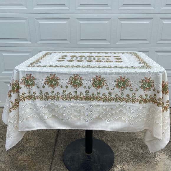 Vintage Green & Orange Rectangle Floral Tablecloth - Picture 2 of 5